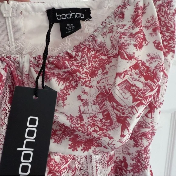 NWT BOOHOO Porcelain Toile Print Strappy Milkmaid Mini Dress 4 - Picture 9 of 10